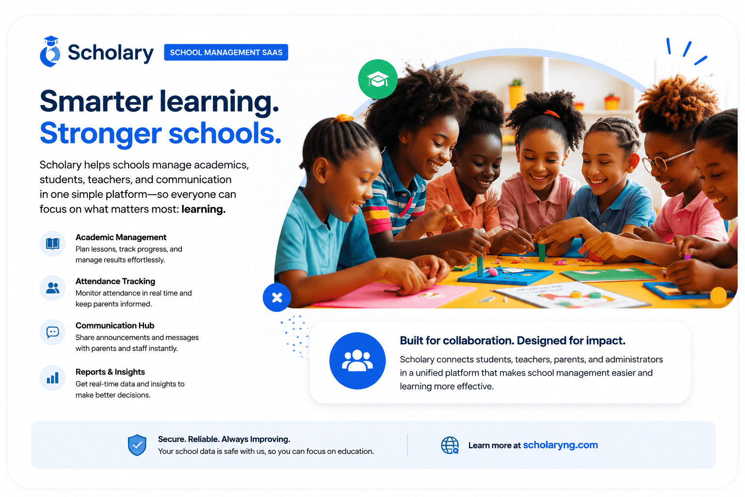 Children learning together with Scholary academic management, attendance, communication, and reports