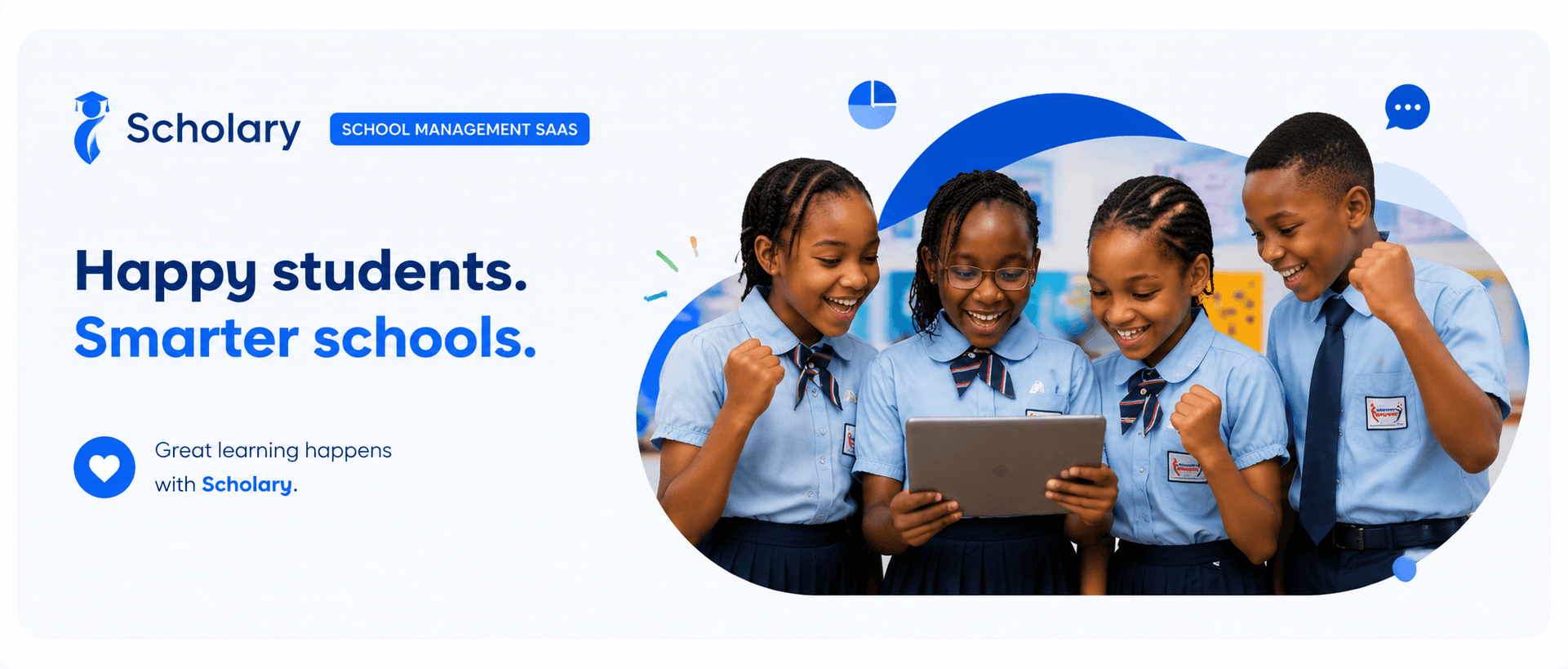 Happy students using a tablet with Scholary for smarter schools