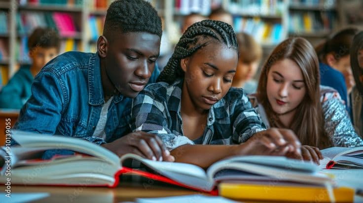 Students focused on learning together in a library