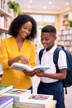 Parent and student exploring books together