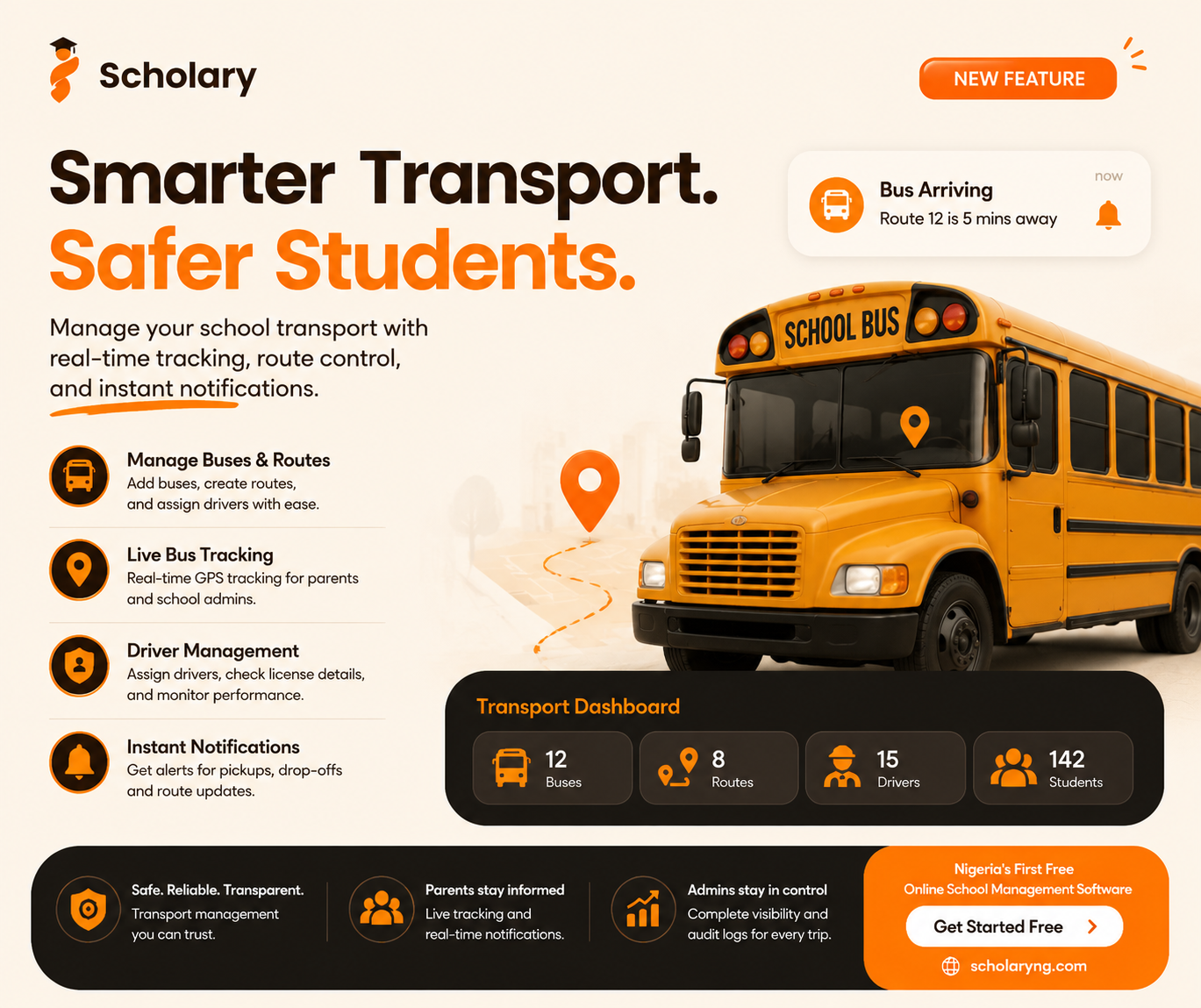 School bus with route tracking and arrival alert