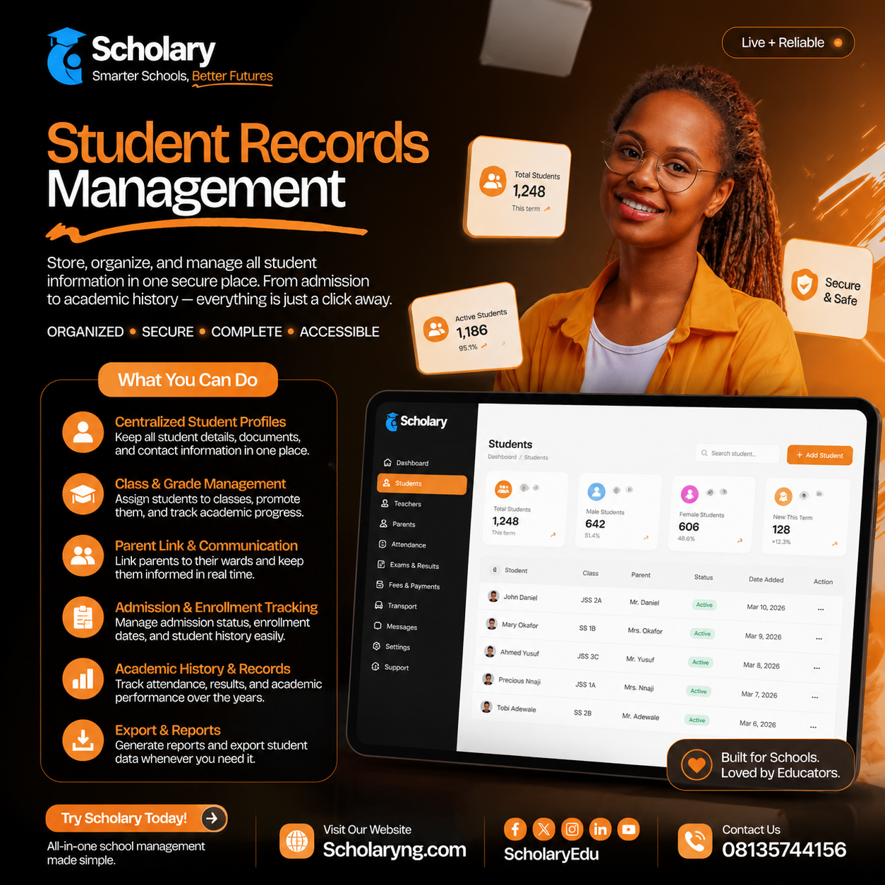 Scholary student records management dashboard